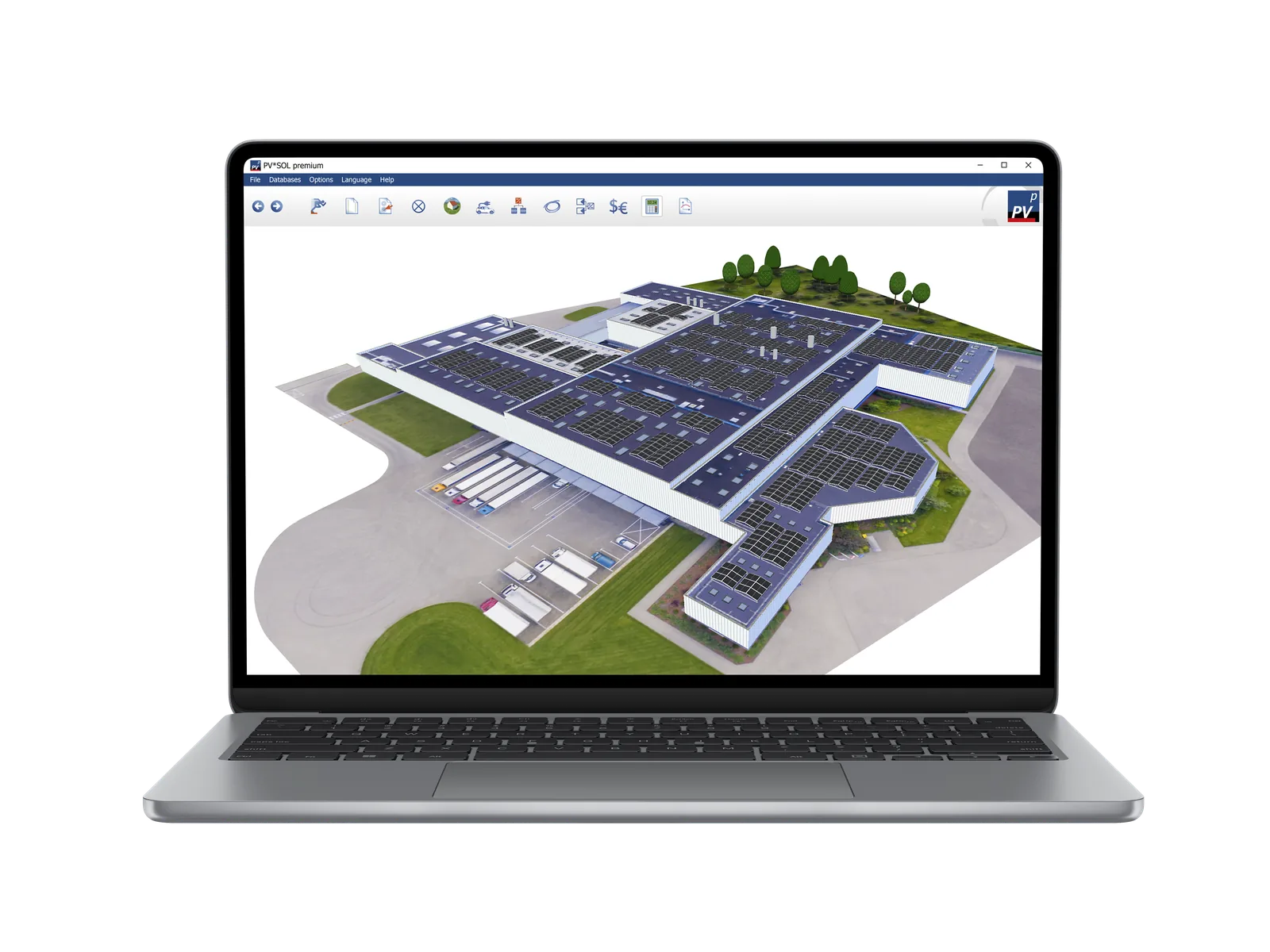 Capture de PV*SOL premium sur un ordinateur portable : modèle 3D d'un bâtiment industriel avec des panneaux photovoltaïques en toiture